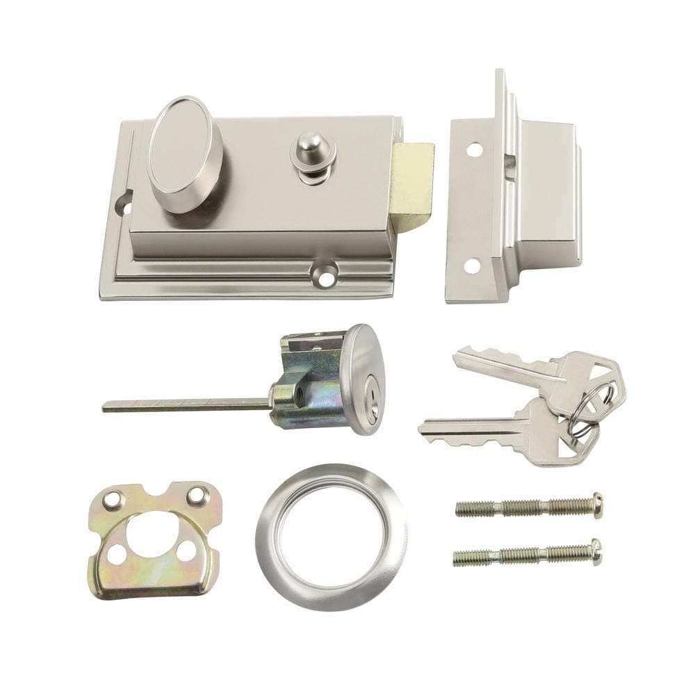 Defiant Satin Nickel Deadbolt Lock with Night Latch, Holdback Button Single Cylinder Rim and Two Keys - Heavy Duty Defender Security Door Lock Hardware