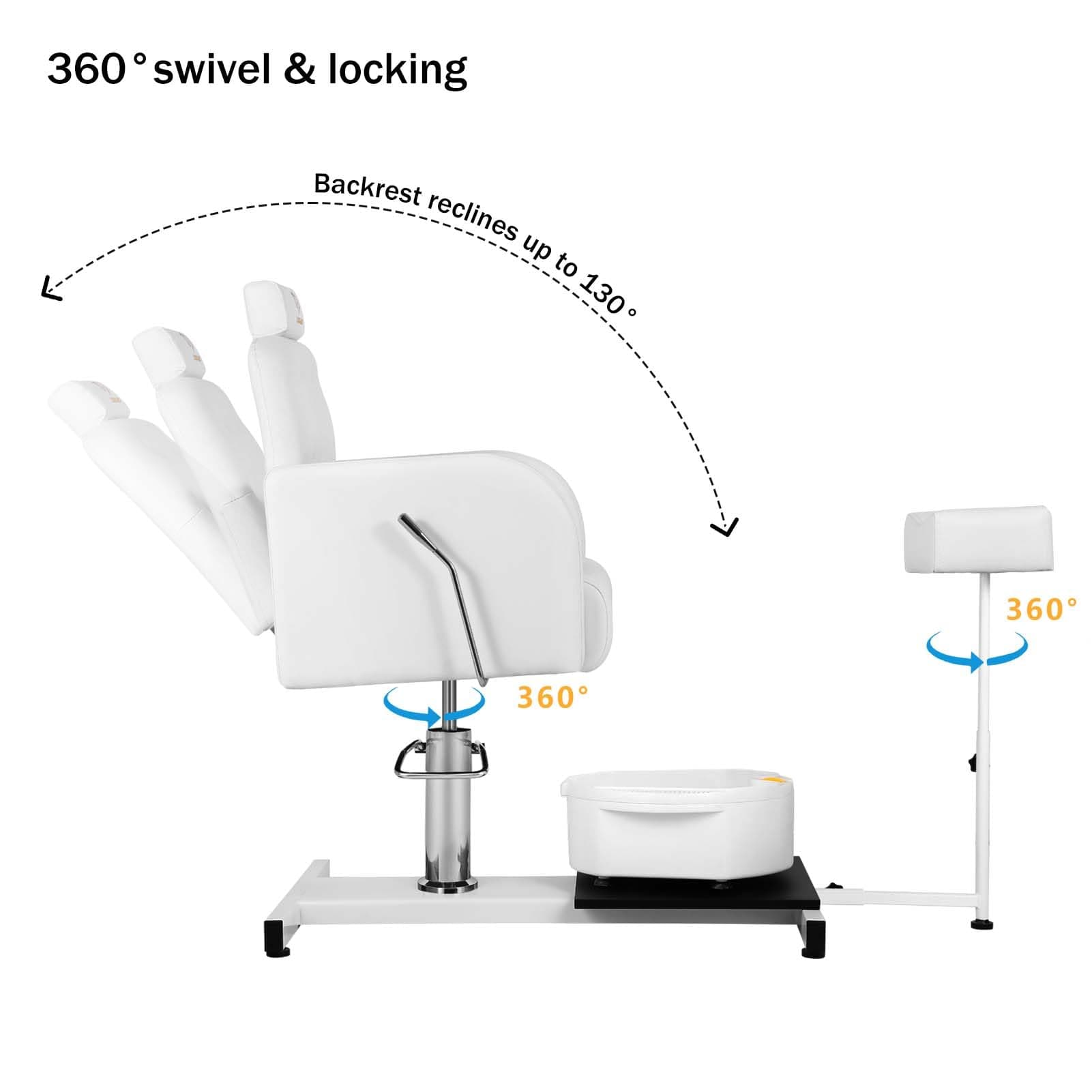 LUXMARS Reclining Pedicure Chair No Plumbing with Foot Massage Basin & Stool, Hydraulic Adjustable Pedicure Chair Station, 360° Rotation Beauty Spa Salon Unit Station - White