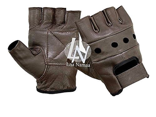 Lna Namaa Fingerless Leather Cycle Biker Gym Gloves Cycling Body building weight lifting Brown