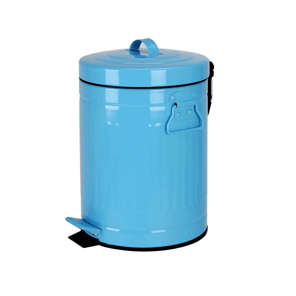 Bathroom Trash Can with Lid, Blue Wastebasket for Home Bedroom with Lid, Round Waste Bin Soft Close, Small Retro Vintage Metal Garbage Can for Office, 5 Liter / 1.3 Gallon, Glossy Blue