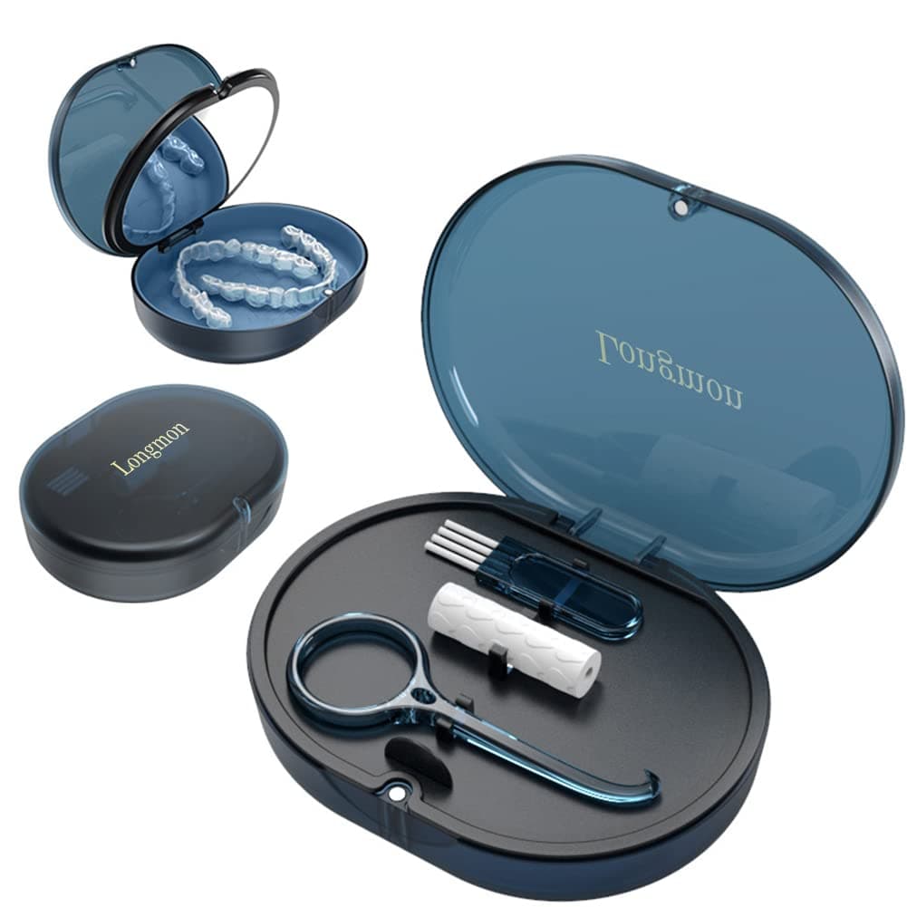 New Double Layer Retainer Storage Case with Belt Chewing, Removal Tool, Cleaning Brush, Built-in Mirror Orthodontic Retainer Case, Mouth Guard Case, Denture Case, blue, Modern