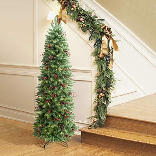 LIFEFAIR 4.5ft Prelit Slim Christmas Tree, Decorated with 150 Clear Lights and Realistic 452 Thicken Tips, Hinged UL Certified