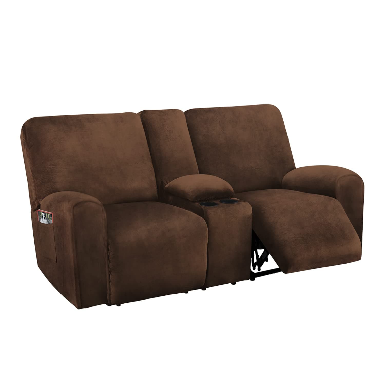 ULTICOR Reclining Love Seat with Middle Console Slipcover, 8-Piece Velvet Stretch 2 seat Loveseat Recliner Cover, Thick Soft, Washable (Chocolate)