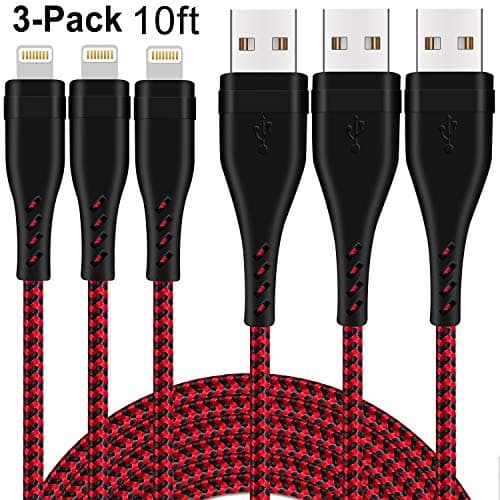 Quickeep Lightning Cable 10 ft iPhone Charger 3 Pack Nylon Braided Charging Cord Compatible with iPhone X/8/8 Plus/7/7 Plus/6/6 Plus/6s/6s Plus/5/5s/5c (Red Black, 10 Feet)