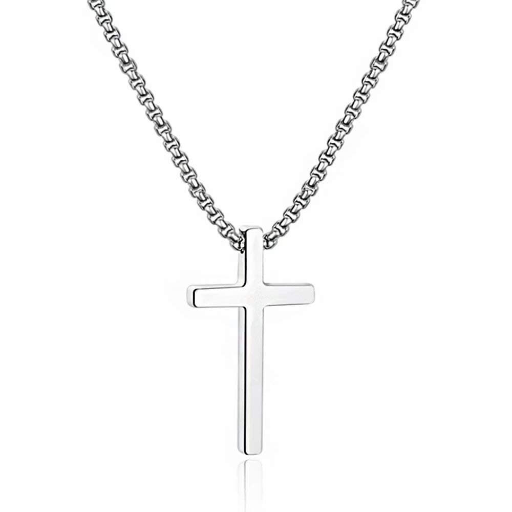Easter Basket Stuffers - Cross Necklace for Men Teen Boys, Silver Black Gold Stainless Steel Plain Cross Pendant Necklace Box Chain 16-30 Inch