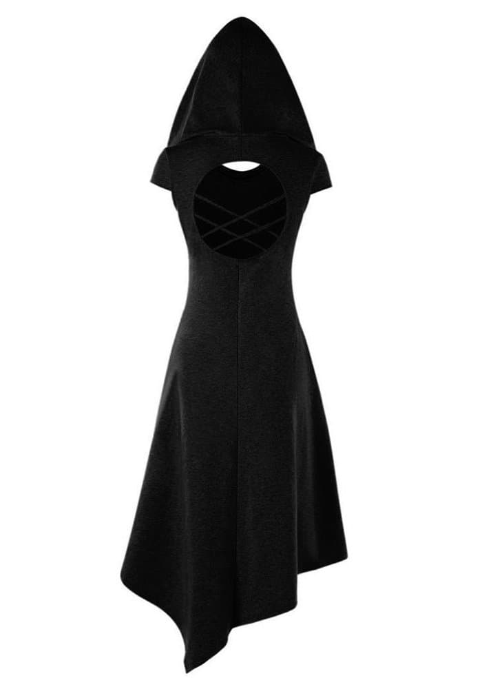 Womens Halloween Dress Hoodie Criss Cross Medieval Cosplay Asymmetrical Midi Dresses with Hat