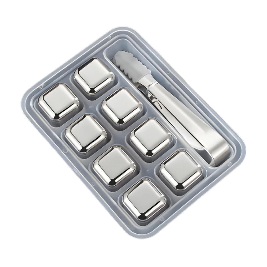 8Pcs Stainless Steel Whiskey Stones Ice Cubes with Tongs & Container - Food Grade Quick-Frozen Ice for Wine - Metal Ice Cubes for Chilling Red Wine