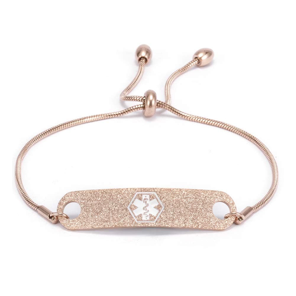 Custom Engraving Stainless Steel Medical Alert ID Bracelet Glitter Rose Gold Emergency Awareness Bracelets for Women Adjustable Chain Medic Jewelry 5-8.5"