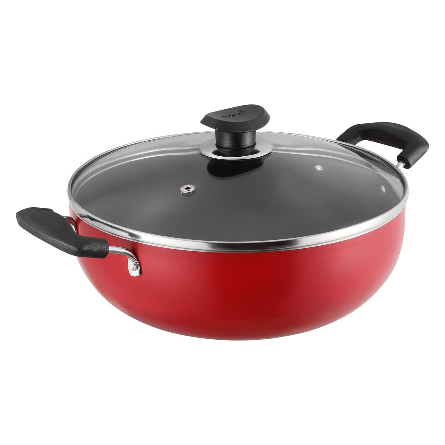 Vinod Zest Non-Stick Deep Kadai Wok with Glass Lid - Frying & Curry Cooking Pot, 3mm Thick 3-Layer Coating,Induction & Gas Compatible, Metal Spoon Friendly (26 cm. Diameter - RED -4.1 LTR)