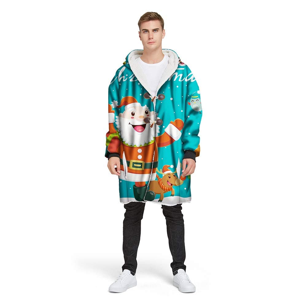 XIANV Men's Hooded Jacket, Winter Thicken Long Sleeve Sweatshirt Blanket Jacket Santa Print,B,XXL