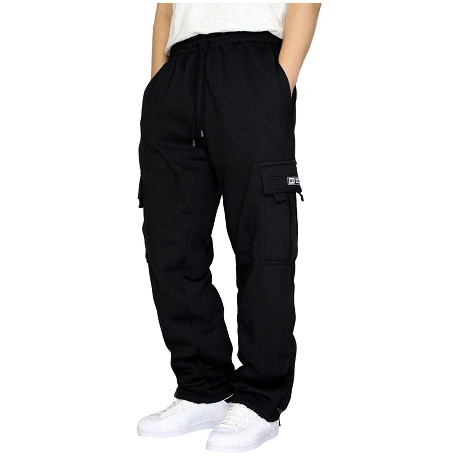 GenericMen's Heavyweight Fleece Cargo Sweatpants Stretch Elastic Waist Jogger Sports Pants Drawstring Sports Trousers