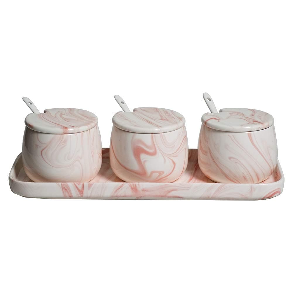 Sugar Bowl, Ceramic Pink White Marble Sugar Bowl with Lid and Spoon for Home and Kitchen-Sets of 3