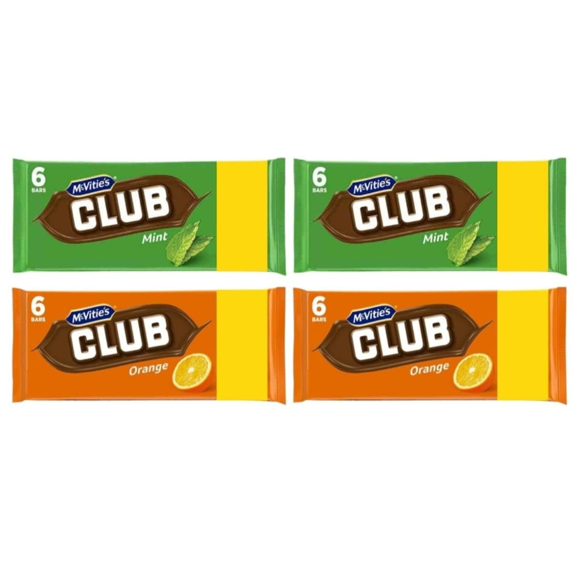 McVitie's Club Biscuits, 2x Mint 136g (6 Pack), 2x Orange 136g (6 Pack) - 24 Chocolate Biscuits