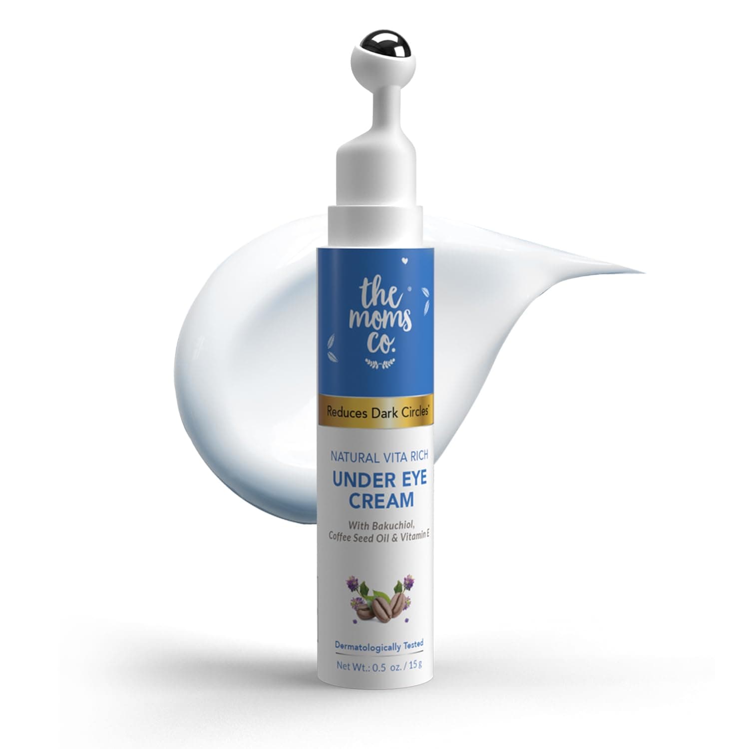 The Moms Co. Natural Vita Rich Under Eye Cream for Dark Circles and Puffiness for Women, Suitable for Delicate Skin Under Eye Area, Soothing Massage Roller with Coffee Oil, Vitamins E & B3, 15 gm