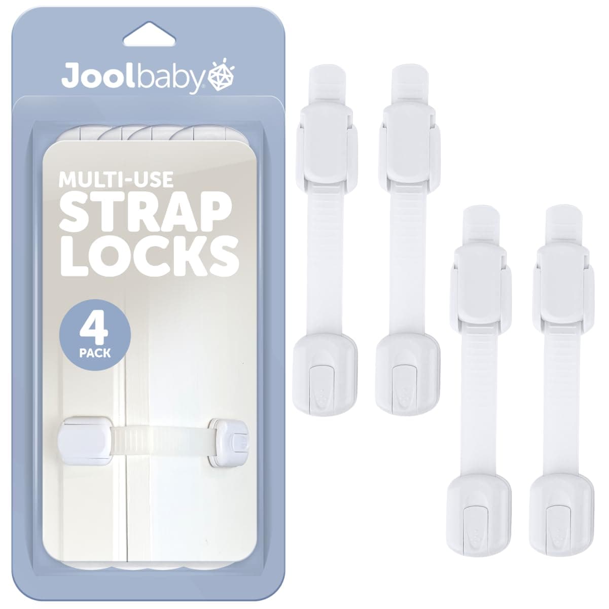 Jool Baby Products Child Safety Strap Locks for Cupboards, Fridge, Cabinets, Drawers, Dishwasher, Toilet, 3M Adhesive No Drilling (Pack of 4)