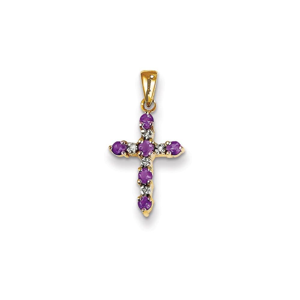 Sonia JewelsSolid 14k Yellow Gold Amethyst Purple February Gemstone and Diamond Cross Pendant Charm - 22mm x 11mm (.05 cttw.)