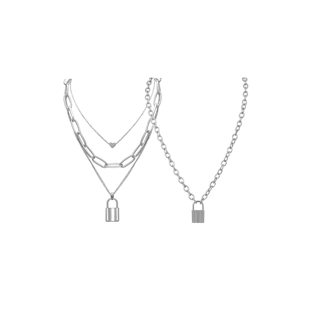 Salircon Silver Layered Necklace Aesthetic Punk Jewelry Lock and Key Thick Chain Necklaces for Women Men Teen Girls Edgy Jewelry (Lock Necklace Set2)