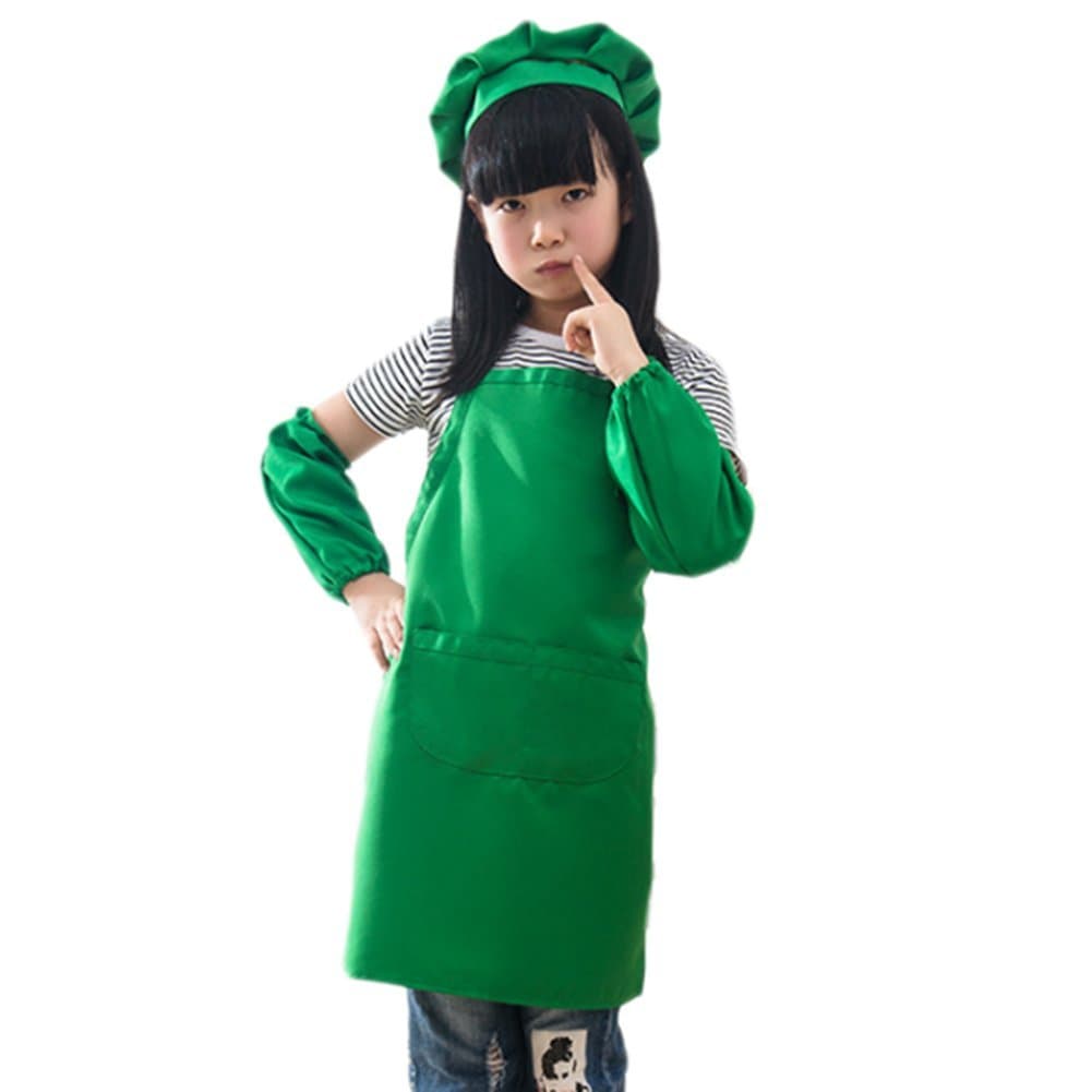 Chytaii Kids Children Apron Chef Hat and Sleeves Cover Set Spron for Kids Cooking Class Painting and Playing 50x45cm (Green)