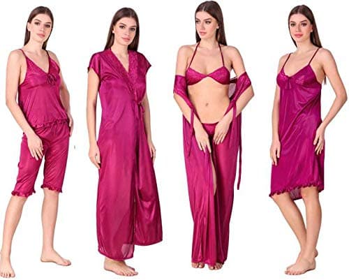 BombshellWomen's & Girl's Satin Solid Nightwear Set Pack of 6