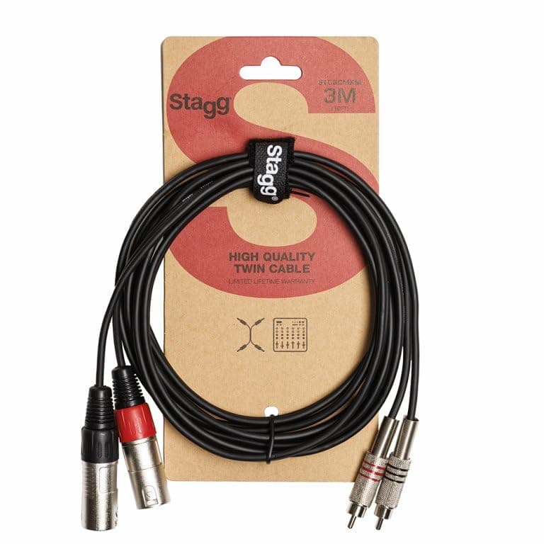 Stagg STC3CMXM Male XLR to Male RCA Twin Cable, Black - 10ft.