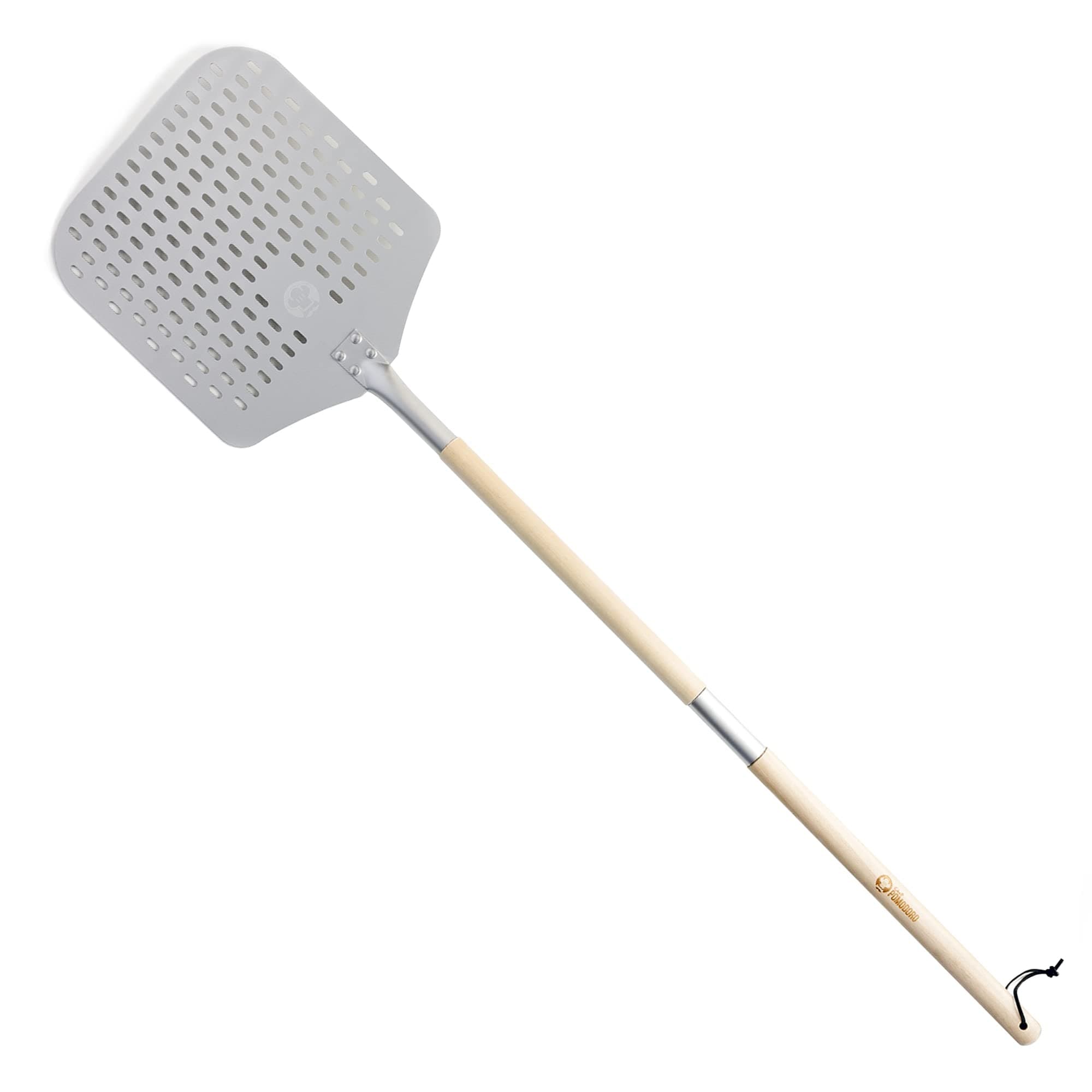 Perforated Pizza Peel Aluminum, 12 x 14-Inch, with Detachable Wood 49-Inch Long Extendable Handle for Easy Storage, Gourmet Luxury Pizza Paddle for Baking Homemade Pizza Bread