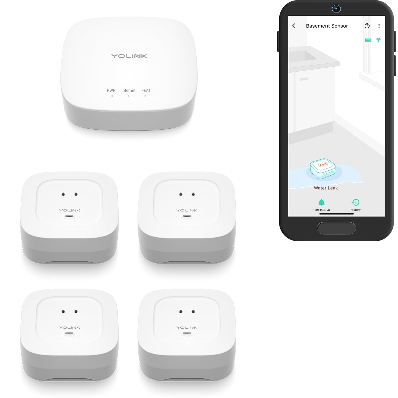Smart Home Starter Kit: Hub & Water Leak Sensor 4 with 105dB Audio Alarm 4-Pack, SMS/Text, Email & Push Notifications, Freeze Warning, LoRa Up to 1/4 Mile Open-Air Range, w/Alexa, IFTTT