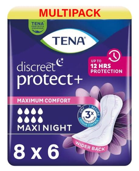 Tena Discreet Women's Sanitary Pads for Medium to Severe Bladder, 48 Pack, Specially Designed for Night Protection with Wider, Extra Back
