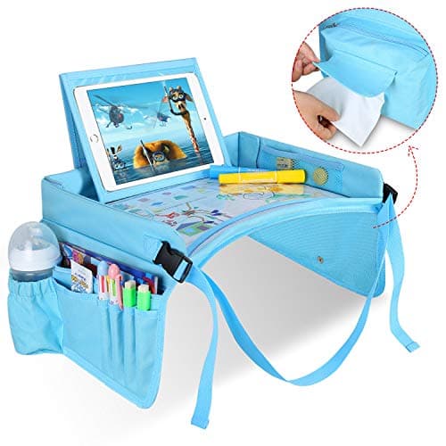 MODOKIT Travel Activity Tray for Toddler Car Seat Stroller - Portable Food & Snack Lap Tray, Car Seat Table Storage Organizer with Waterproof & Erasable Surface and Sturdy Tablet Holder & Tissue Box