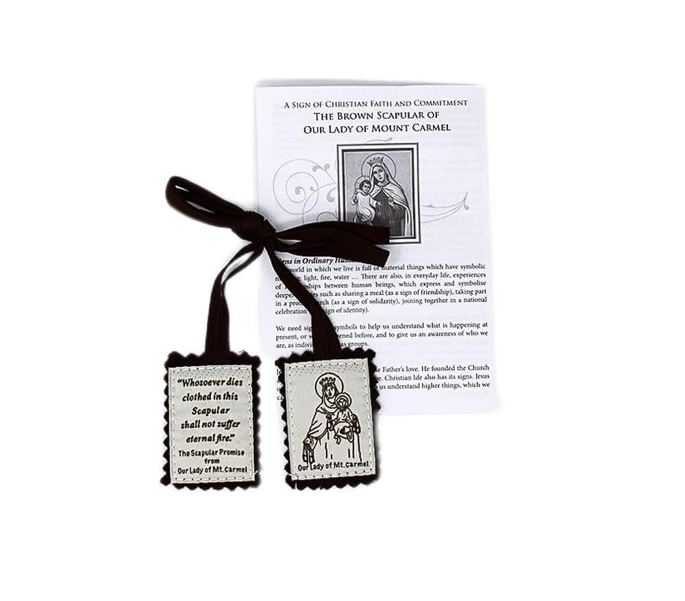 Brown Wool Embroidered Scapular & Leaflet - Our Lady of Mount Carmel and the Sacred Heart of Jesus.