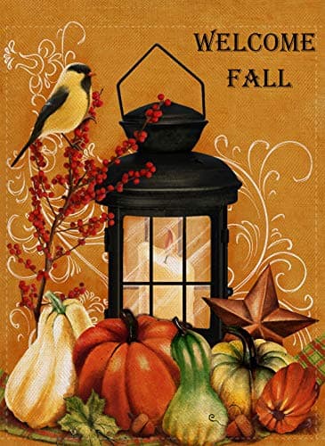 Dyrenson Home Decorative Outdoor Orioles Bird Garden Flag Double Sided, Welcome Fall Quote House Yard Flag, Autumn Harvest Pumpkin Primitive Garden Yard Decorations, Seasonal Outdoor Flag 12 x 18