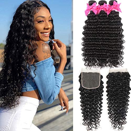Aatifa Brazilian Deep Wave Curly Virgin Human Hair Bundles with 4X4 Free Part Lace Closure Unprocessed Human Hair Extensions Natural Black, lace closure, (14/16/18+12 Inch)