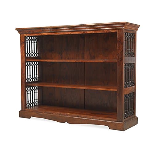 Madras Solid Sheesham Wood Low Wide Jali Bookcase Display Unit, Honey Brown, H 100 x W 130 x D 38 cm