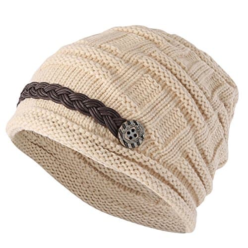 ELACUCOS Women Winter Beanie Cabled Checker Pattern Knit Hat Button Strap Cap