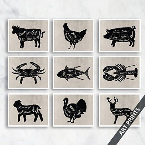 Beef, Chicken, Pork, Crab, Tuna, Lobster, Lamb, Turkey, Venison Set of 9 5x7 inch Unframed Art Prints (Black on Vintage Linen)