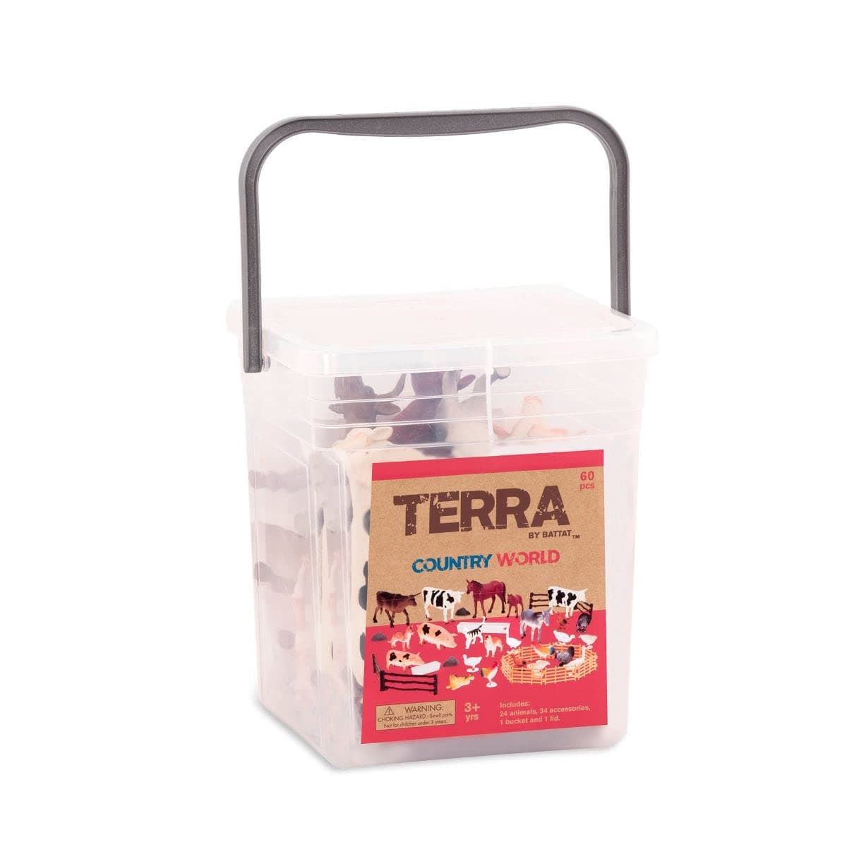 Farm Animal Figurines & Accessories – 60 Pieces Toy Animal Bucket for Kids – Cows, Pigs, Horses, Cats & More – Realistic Farm Playset – Country World Toys 3+ Years