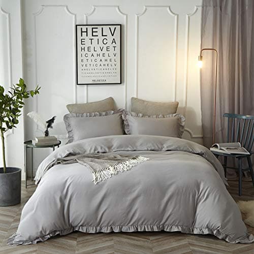 HYPREST 3 PCS Duvet Cover King Size -Grey Farmhouse Oversized Duvet Cover Ruffled Comforter Cover Bedding Set with Exquisite Flouncing Duvet Quilt Cover King Size, Oeko-TEX Certificated(No Comforter)