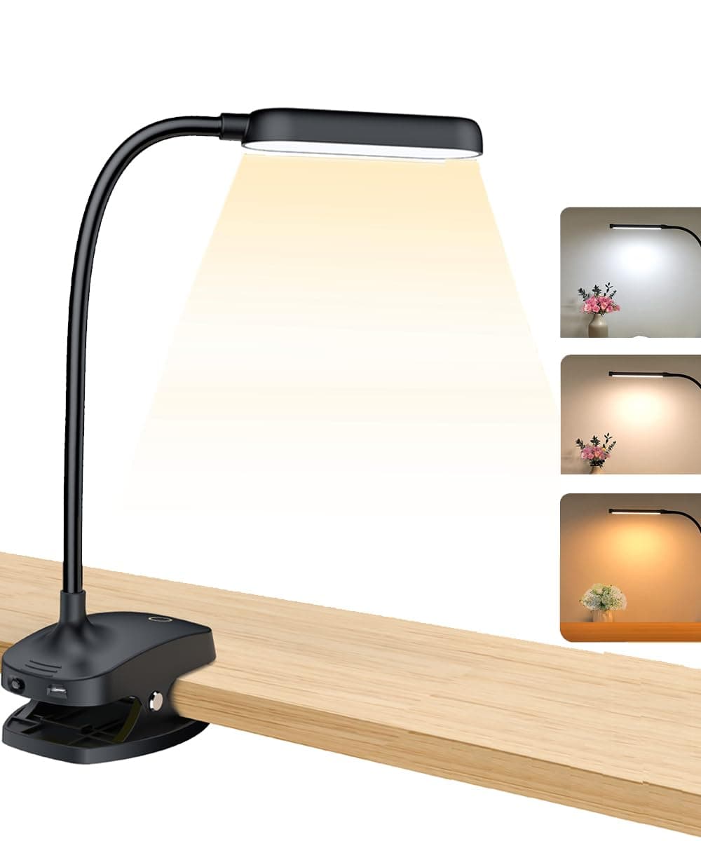 COLORLIFE Desk Lamp Clip On Light-7W 2600mAH Flexible Gooseneck Battery Operated Rechargeable Reading Lamp with Clamp & Stepless Brightness for Desk,Piano,Bed Headboard and Computers