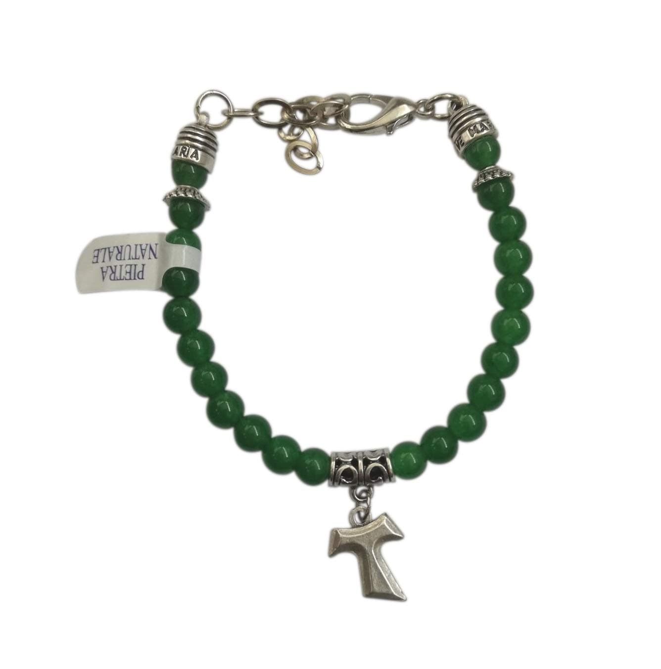 Eurofusioni Bracelet with beads in natural Jade stone and Silver Plated Tau Cross - Pendant h 0,67 In