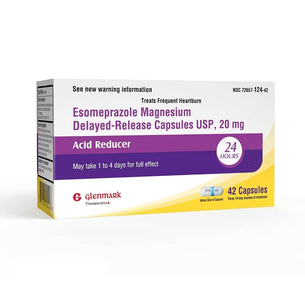 Glenmark Therapeutics Esomeprazole Magnesium USP 20mg, Delayed Release Capsules, Treats Frequent Heartburn, 42 Capsules
