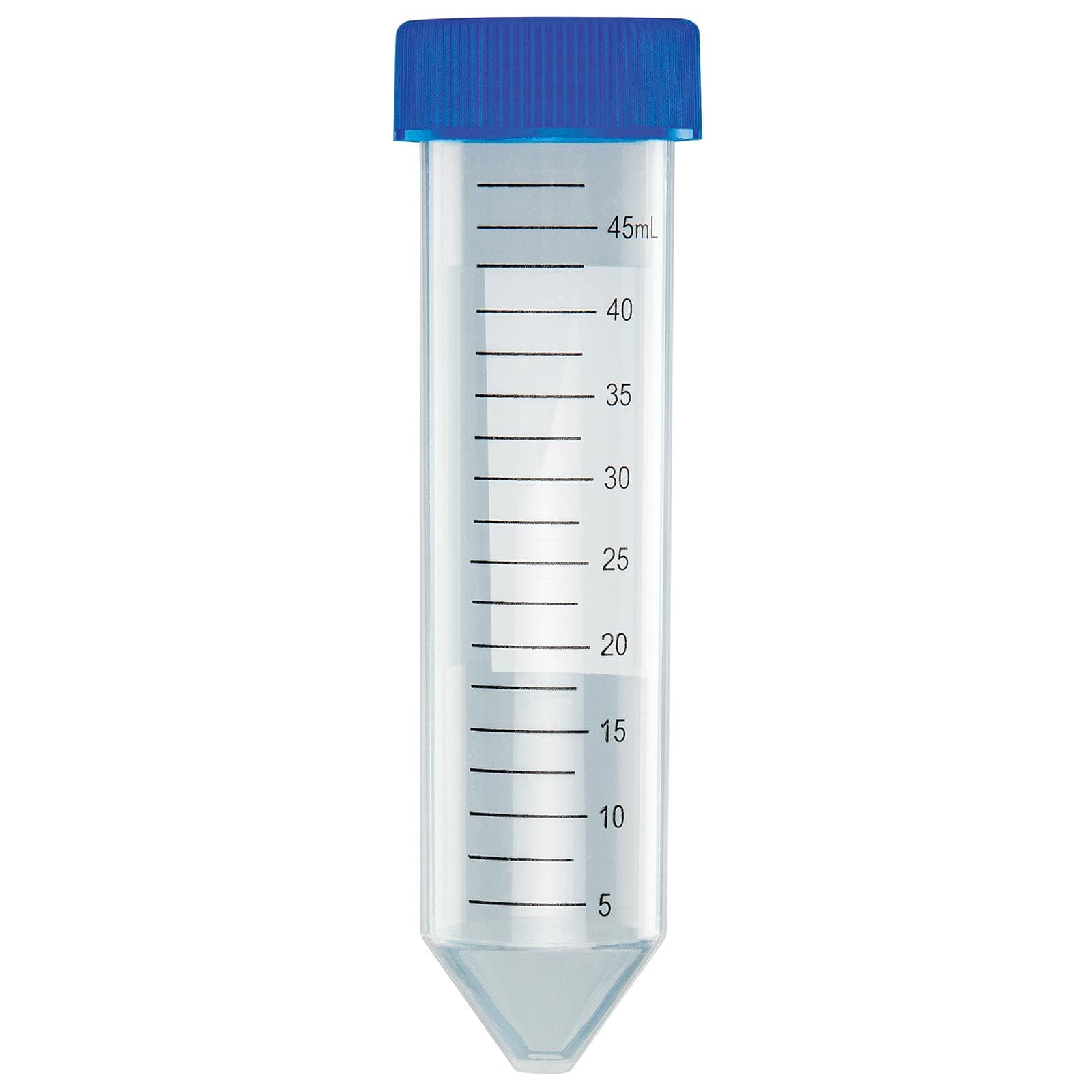 6288 Polypropylene Centrifuge Tube with Attached Blue Flat Top Screw Cap, Sterile, Printed Graduation, Bag Pack, 50mL Capacity (Case of 500)