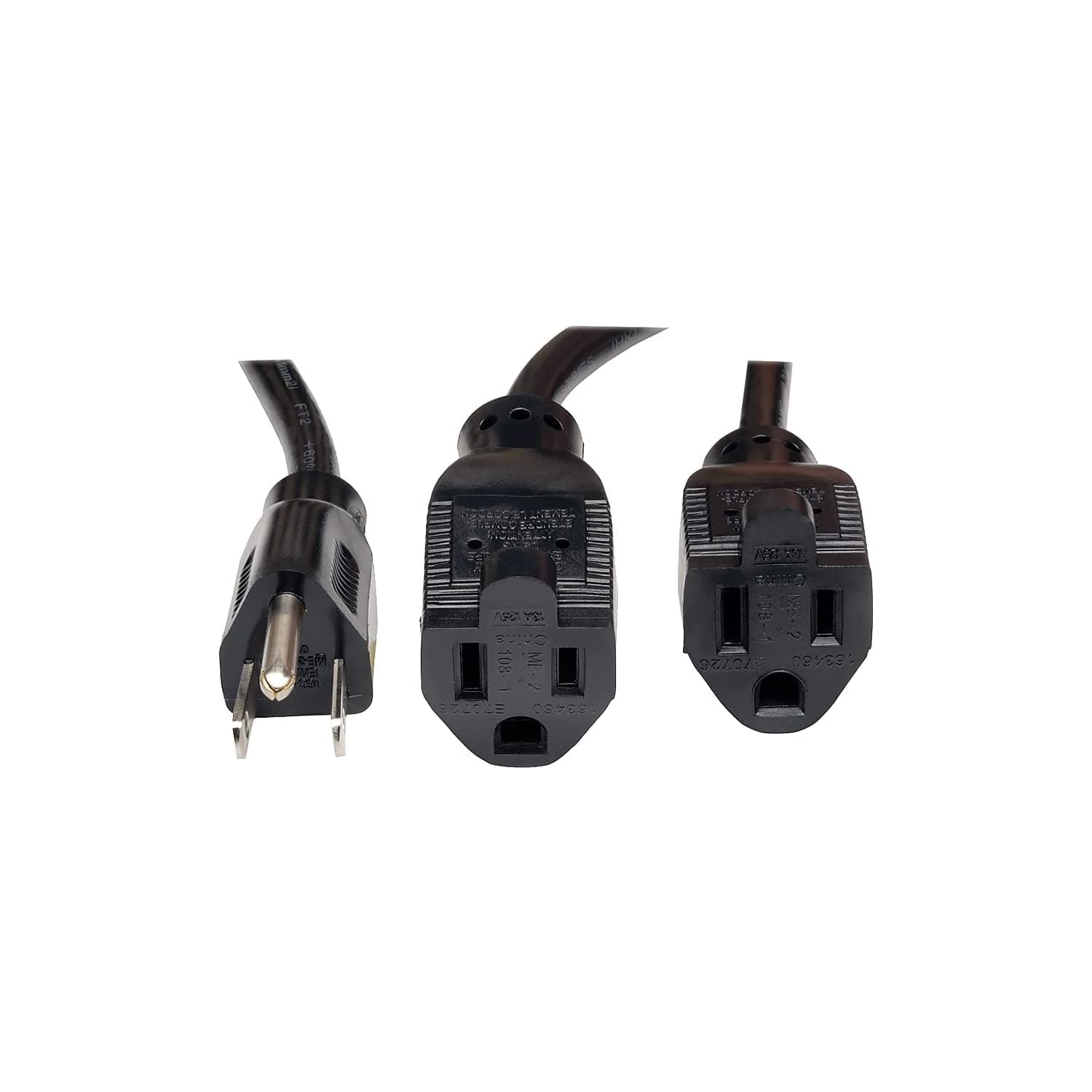 Power Extension Cord Y Splitter Cable 13A, 16AWG (NEMA 5-15P to 2x NEMA 5-15R) 18-in.(P024-18N-13A-2R) , Black