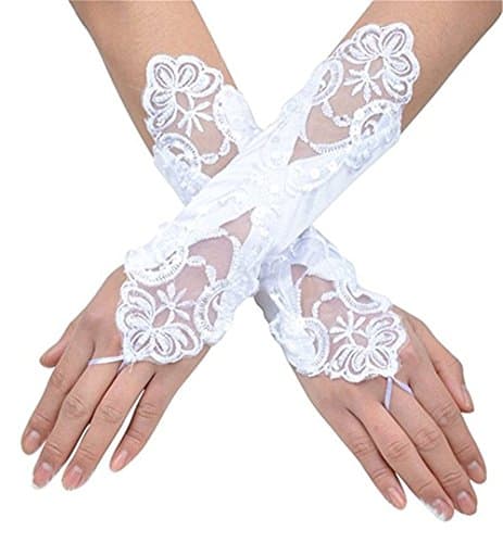 Women Bridal Gloves Lace Satin With Pearl Beaded Long Fingerless Wedding Gloves White
