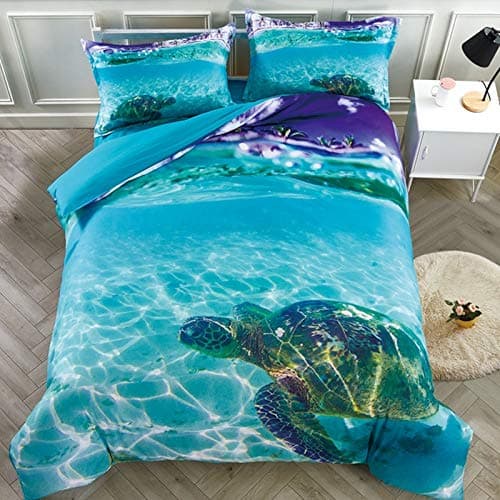 Beddinginn 3D Turtle Bedding Animal Print Kids Duvet Cover Set Turtle in The Blue Limpid Ocean Print 4pcs Bed Cover Set No Comforter