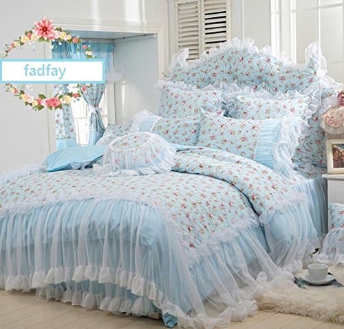 FADFAY Home Textile,Korean Pink Lace Ruffle Bedding Set,Romantic Pink Rose Floral Print Bedding Set,Princess Girls Fairy Bedding Sets Queen Size