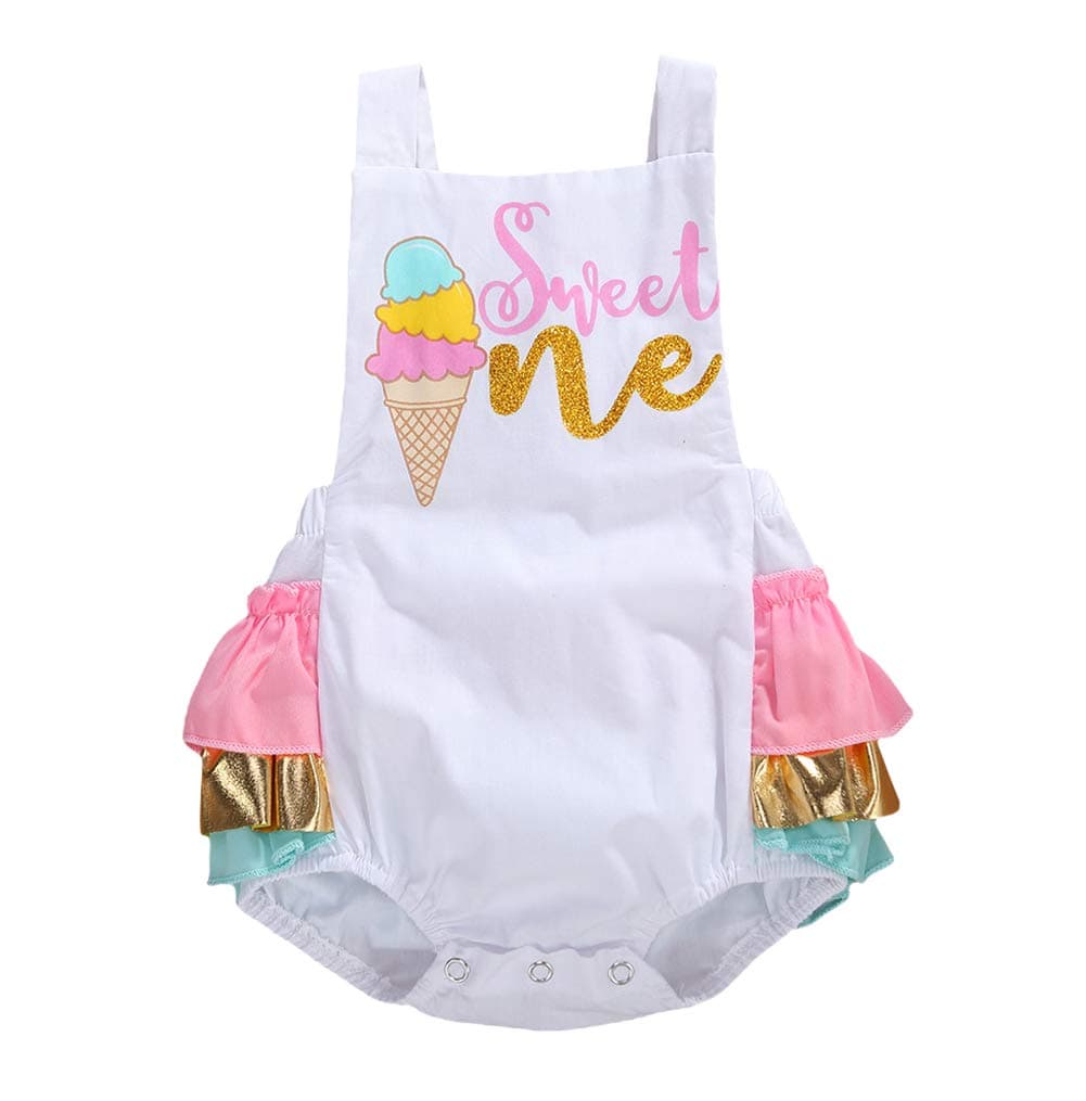 KMBANGICute Baby Girl First Birthday Outfit Halter Romper Ice Cream Cake Smash Bodysuit Sunsuit