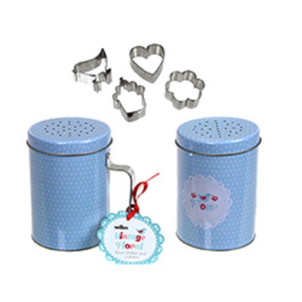 Wilco Vintage Floral Blue Polka Dot Flour Shaker and Cookie Cutters Gift Set