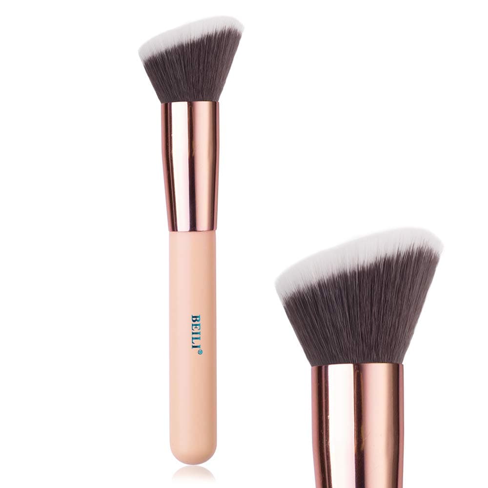 BEILI Flat Angled Kabuki Foundation Brush - Use For Contouring, Blending, Buffing with Powder Cream Liquid Cosmetics - Super Soft Dense Synthetic Bristles Face Brush Vegan Make Up Brush(Rose Gold)