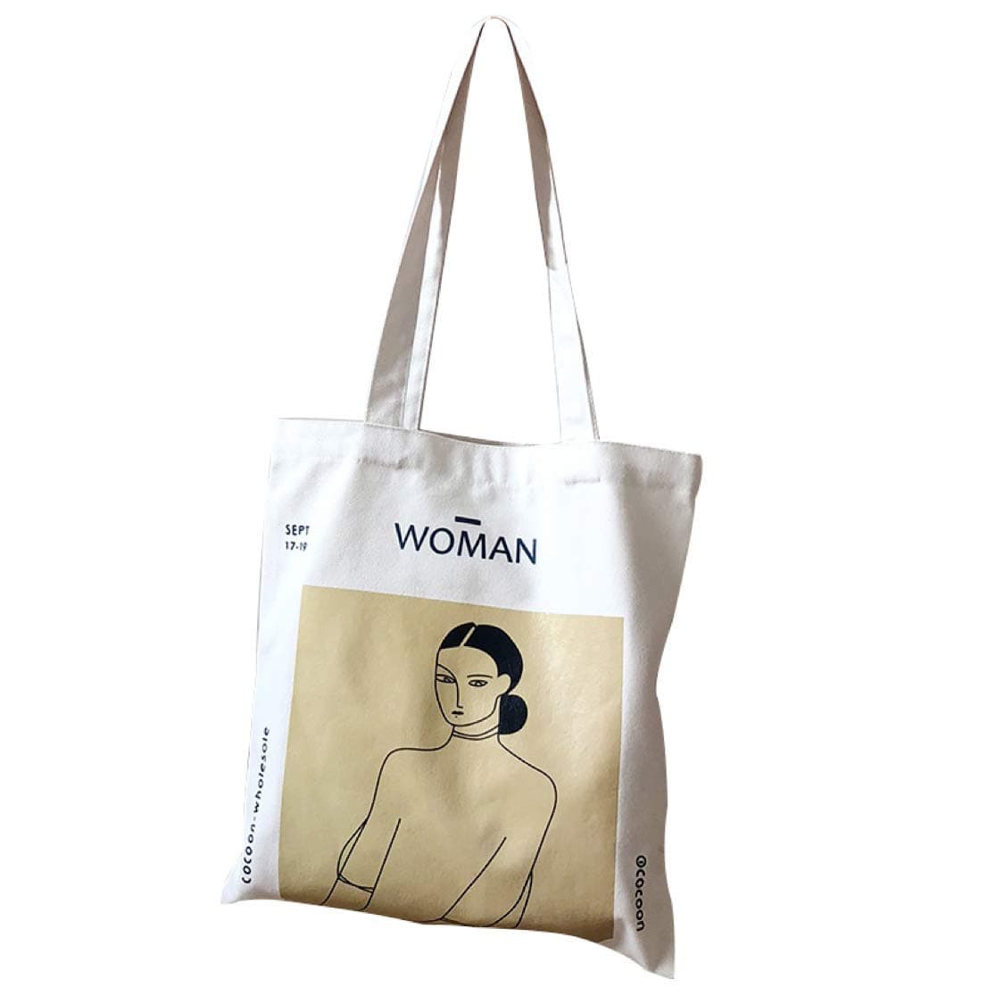 – Woman Cotton Tote Bag with Inner Pocket Printed Artistic Portrait Long Handle Shopper Reusable Fabric Shoulder Bag Eco Style for Daily Use Natural Colour