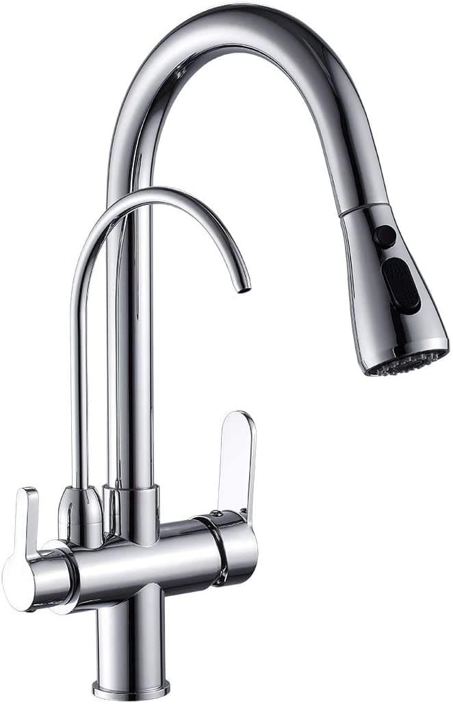 XiaoGuo Kitchen faucet pull-down kitchen sink faucet double handle 3 in 1 high arc water filter purifier faucet brushed nickel