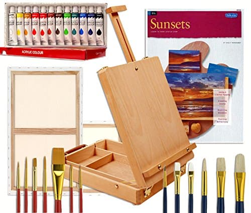 Artist Table Easel, Paints, Stretched Canvases, Brush Sets, Art Supplies for Acrylic Painting with Instruction Book